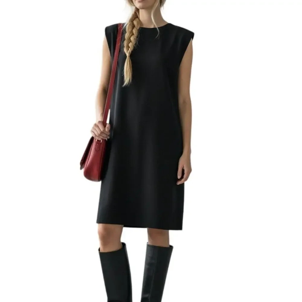Zara Black Structured Shoulder Pad Sleeveless Shift Mini Dress Large
